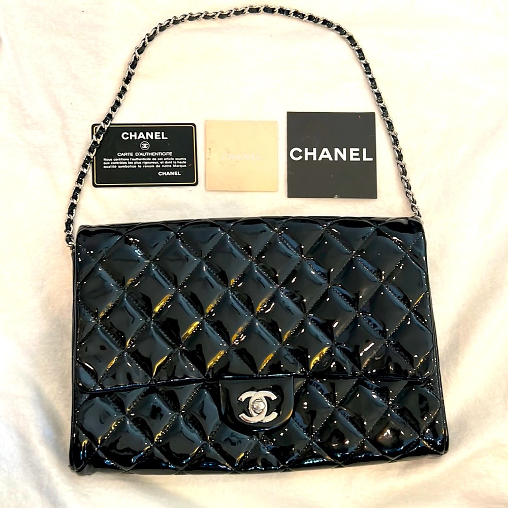 Chanel Black Patent Clutch with Chain